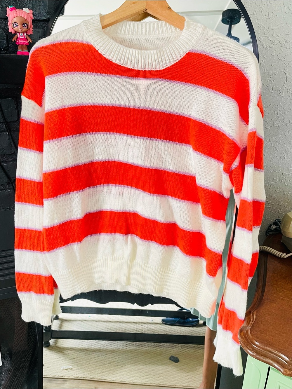 SHEIN White & Bright Orange Striped Crewneck Sweater